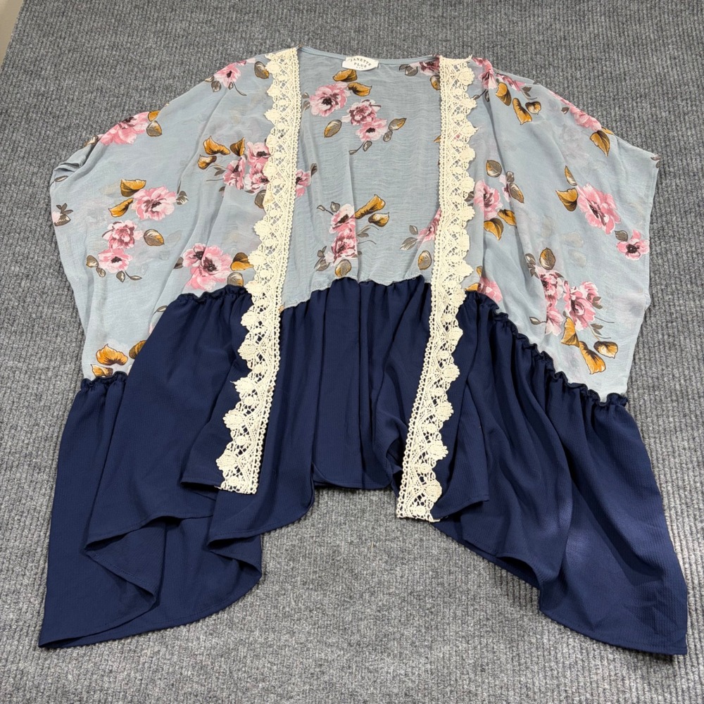 Janette Plus Kimono Womens One Size Floral Lace Trim Open Front Cardigan Blue
